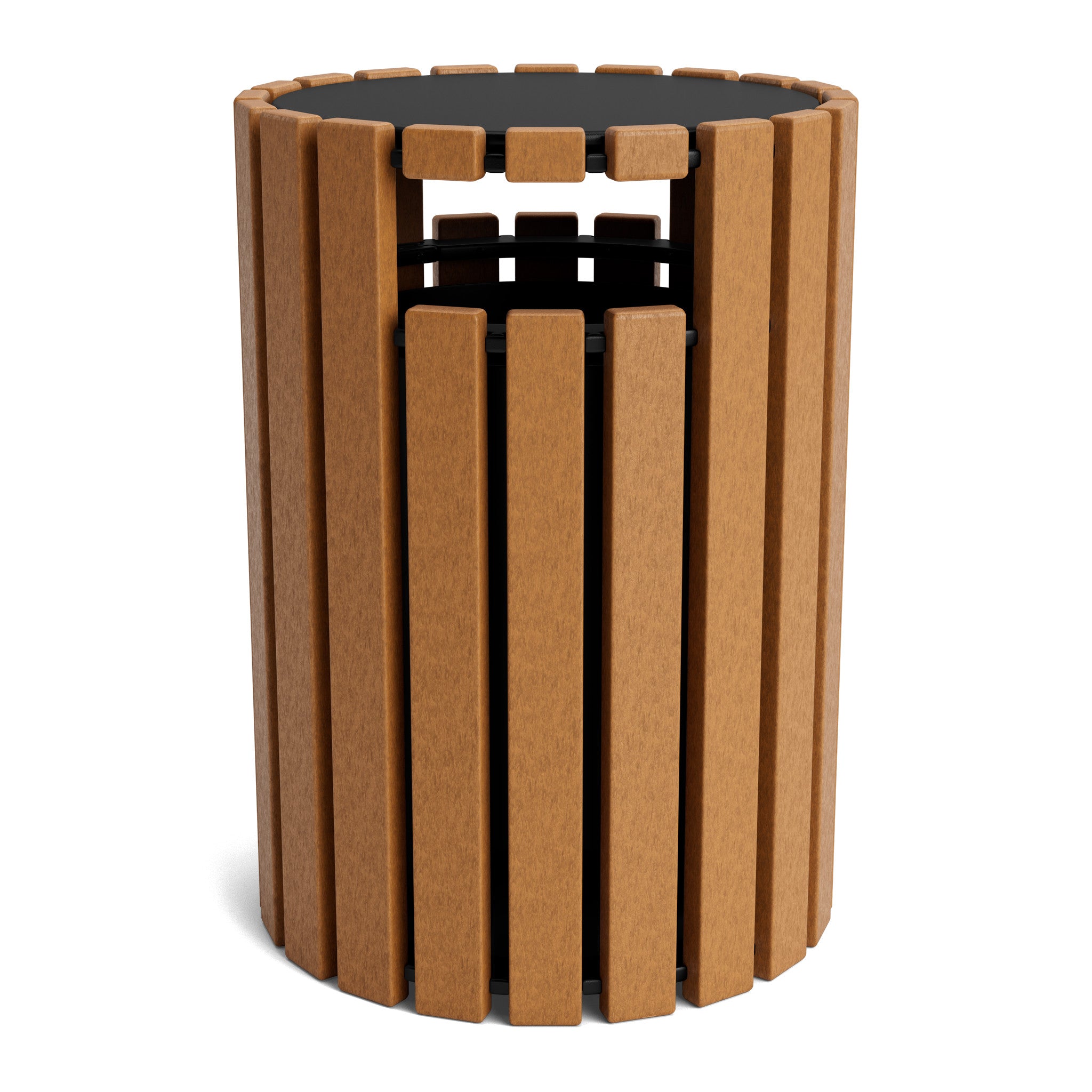 Wooden cylindrical trash can with a black top on a white background