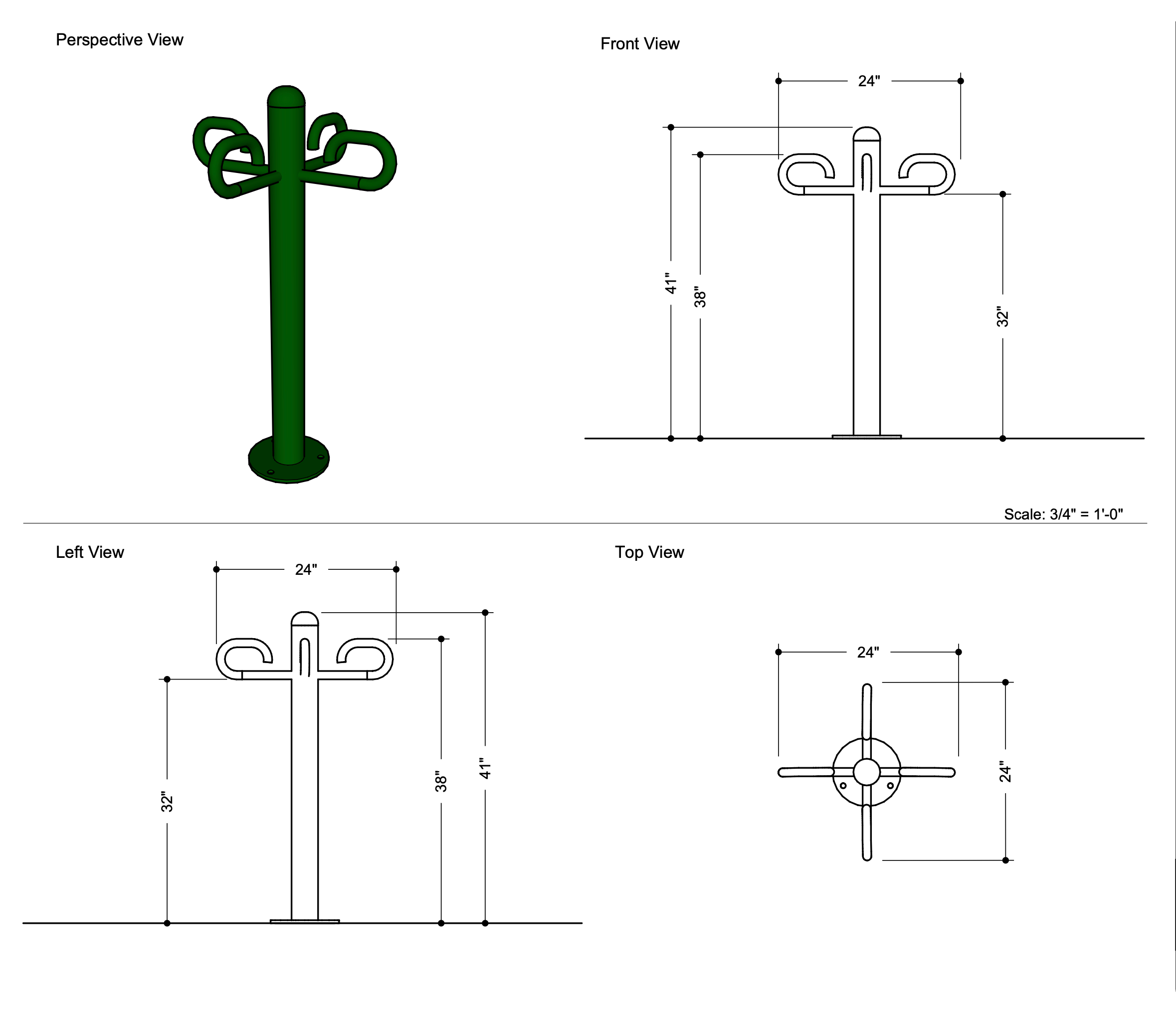 Technical drawing of a green metal stand with hooks from multiple angles and dimensions.