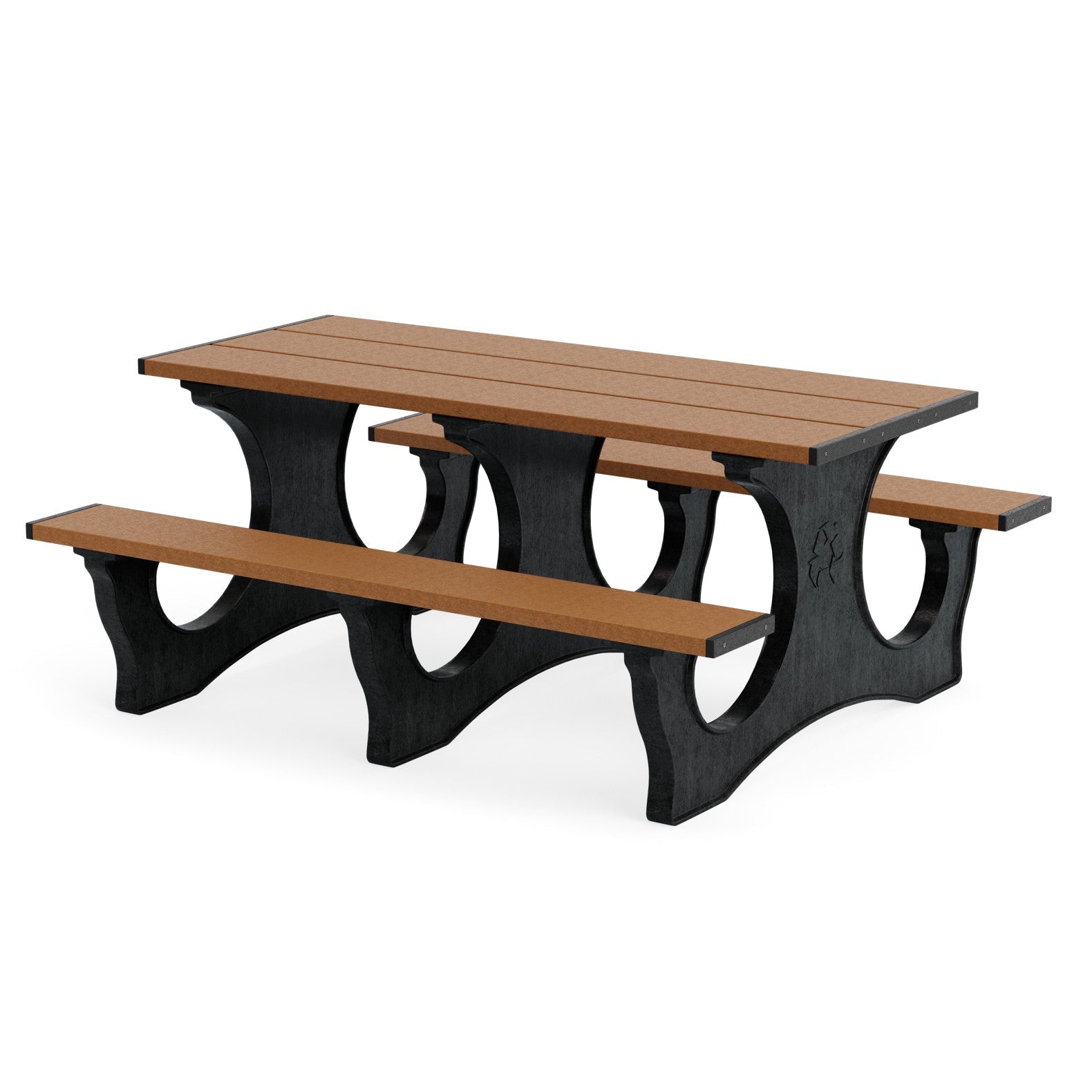 Picnic table with wooden top and black legs on a white background