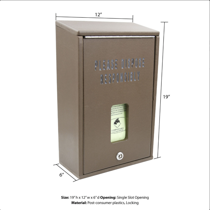 Trash can with dimensions and recycling instructions on a white background