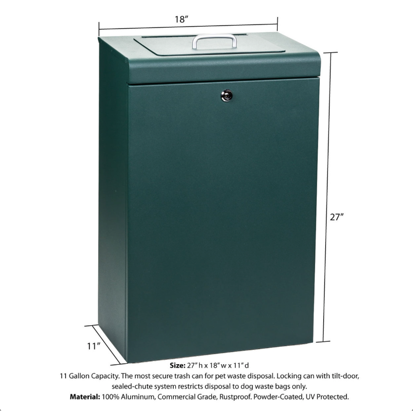 Green trash can with dimensions labeled on a white background