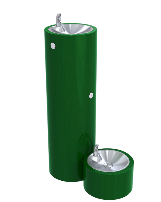 Green and silver drinking fountain on a white background