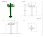 Technical drawing of a green metal stand with hooks from multiple angles and dimensions.