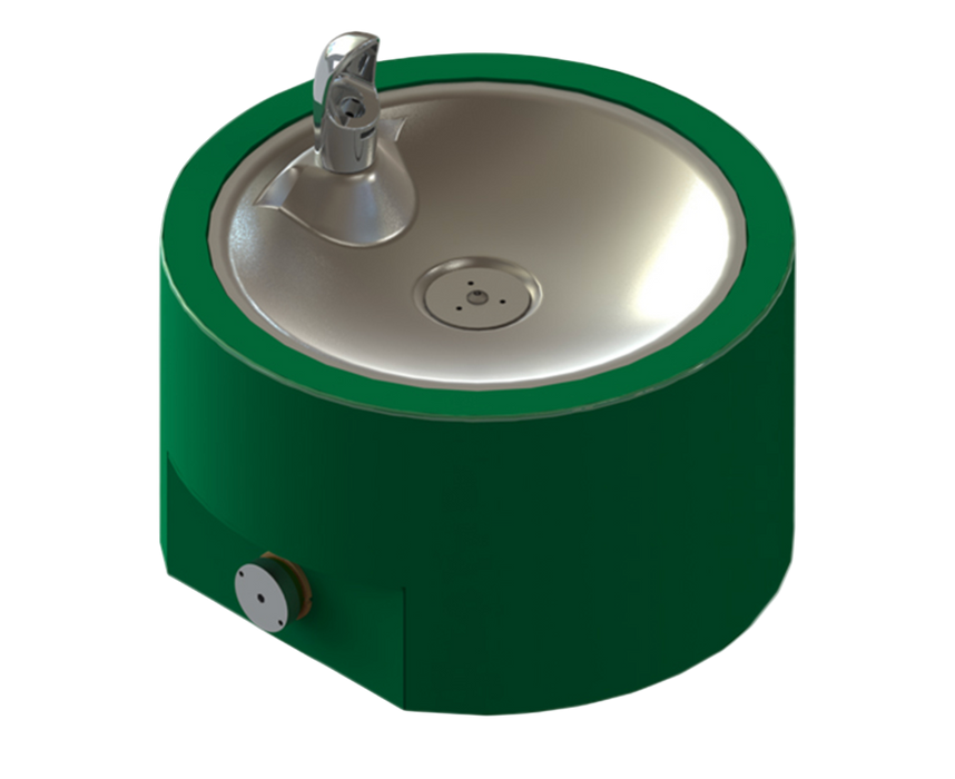 Green and silver drinking fountain on a white background