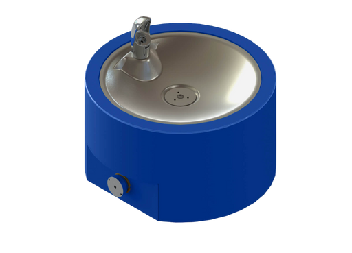 Blue drinking fountain with silver basin on a white background
