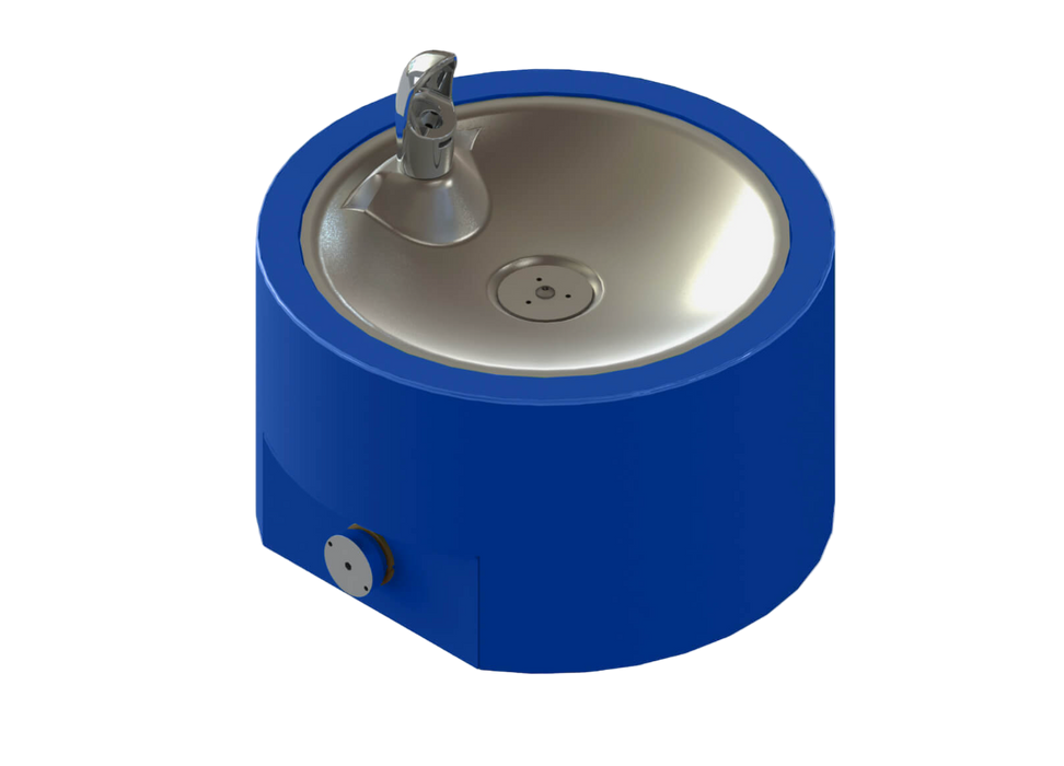 Blue drinking fountain with silver basin on a white background