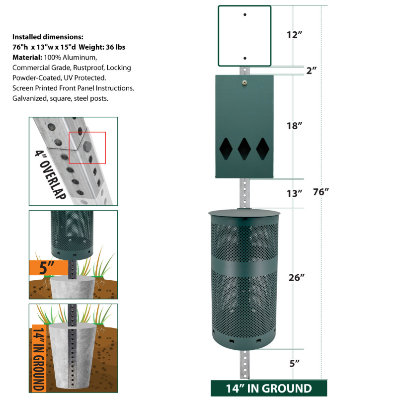 Detailed dimensions and installation instructions for a green metal object on a white background