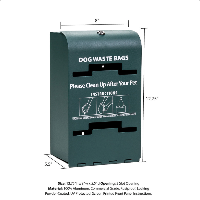 Green dog waste bag dispenser with dimensions and instructions on a white background
