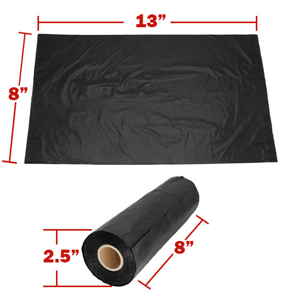 Black plastic sheet with dimensions and a roll of black plastic sheeting below on a white background.