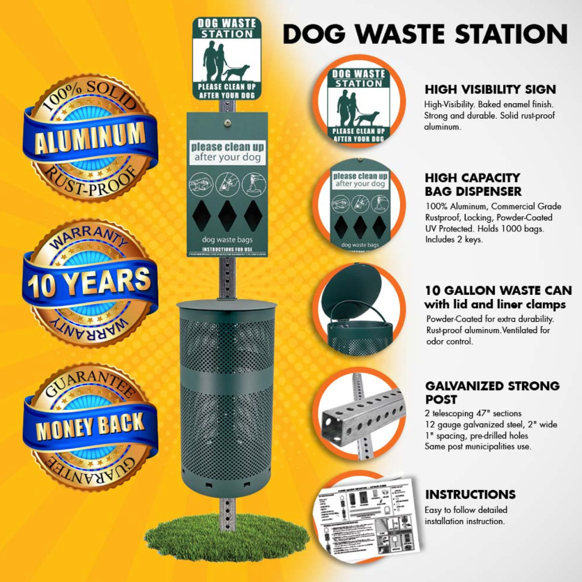 Dog waste station with features and specifications on a yellow background