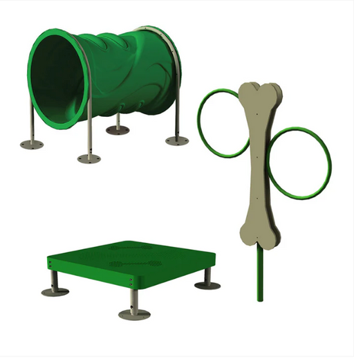 Green pet play equipment including a tunnel, platform, and bone-shaped toy on a white background