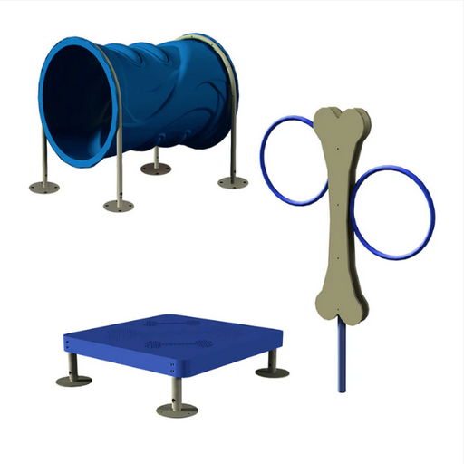 Dog agility course components including a blue tunnel, platform, and bone-shaped obstacle on a white background.