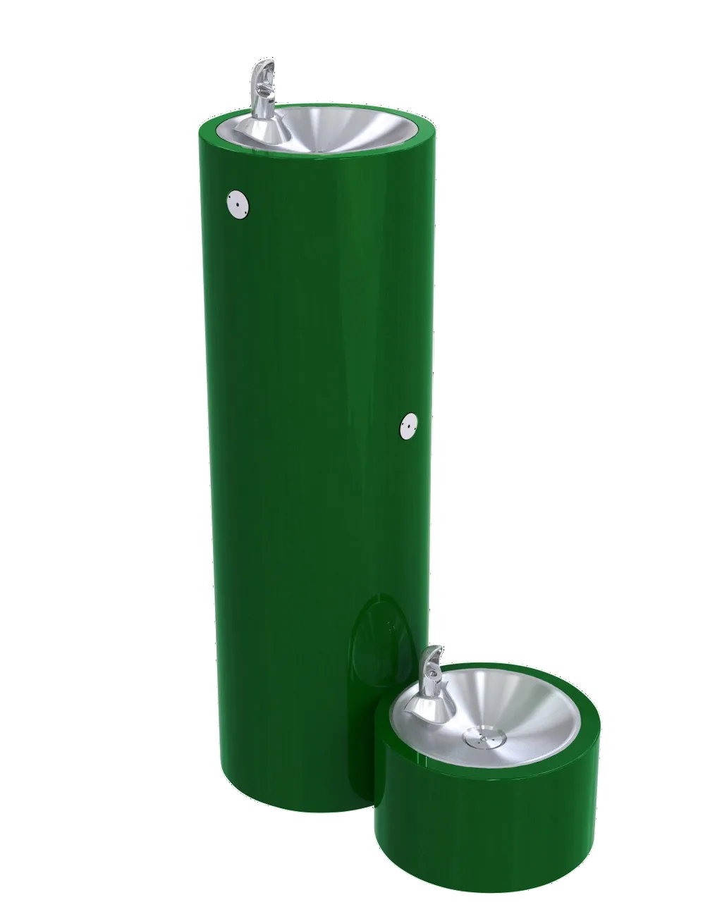 Green and silver drinking fountain on a white background