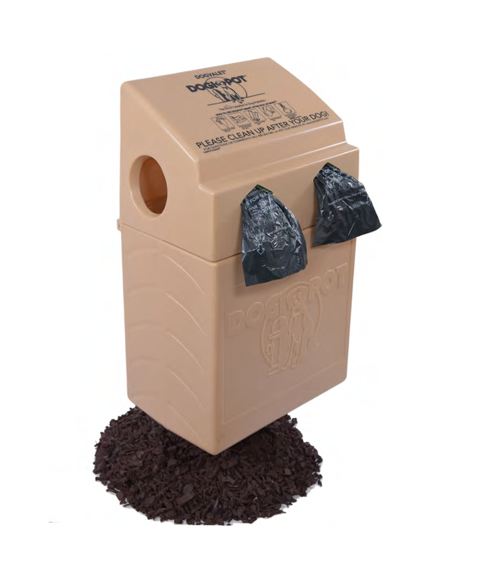 Dog waste bag dispenser with two black bags on a white background